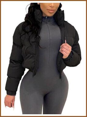 Cropped Puffer Jacket Quilted Zip Up Winter Coat